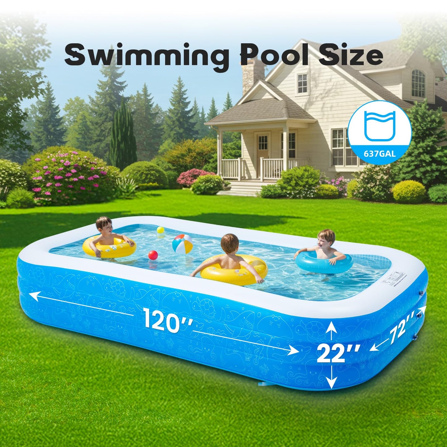 Inflatable Pool, 120" x 72" x 22" Rectangular Family Swimming Pool for Kids Adults, Blow-up Pool for Backyard, Outdoor Summer Fun, Easy Setup Full-Sized Lounge Pool