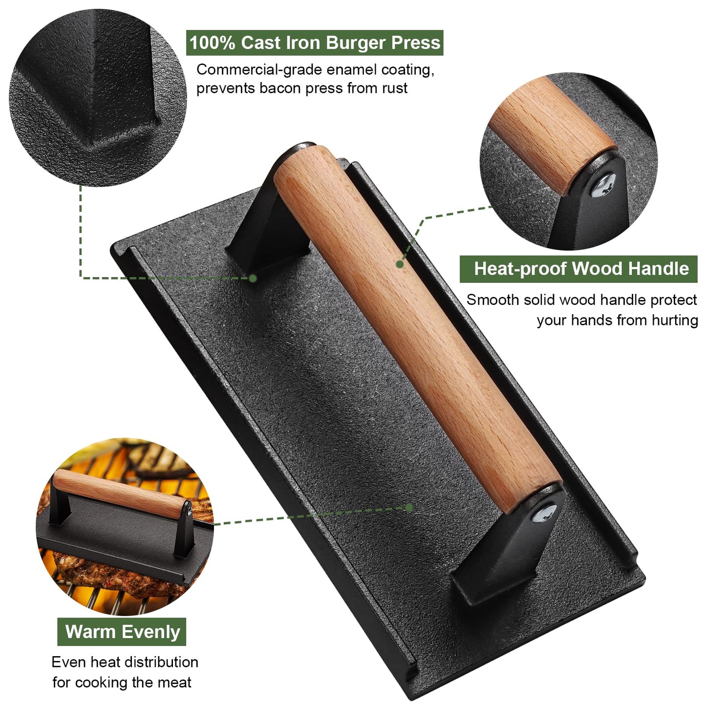 Burger Press, 8.2" X 4.3" Rectangle Heavy-Duty Cast Iron Smash Bacon Press Meat Steak with Wood Handle for Griddle, Sandwich, Nonstick Pan
