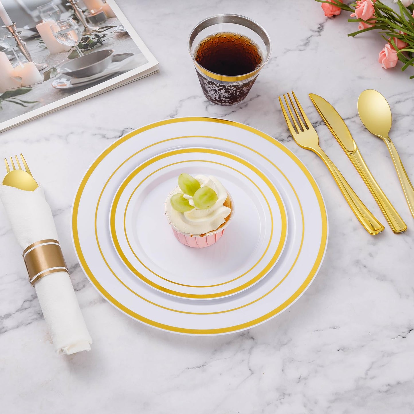 175 Piece Gold Dinnerware Set for 25 Guests, Plastic Plates Disposable for Party, Include: 25 Gold Rim Dinner Plates, 25 Dessert Plates, 25 Paper Napkins, 25 Cups, 25 Gold Silverware Set