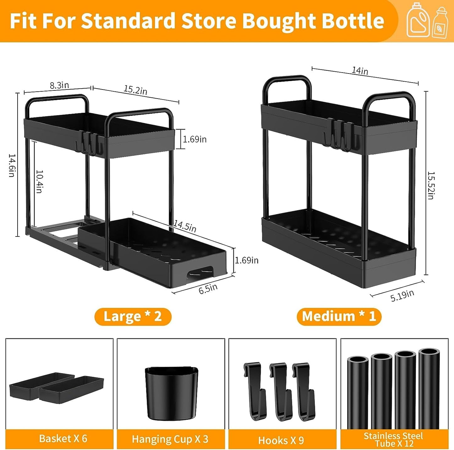 3 Pack Under Sink Organizers and Storage, Pull Out Bathroom Organizer, 2 Tier Bathroom Countertop Organizer with Hooks and Haning Cups, Multi-Purpose Under Cabinet Organizer, 2 Large 1 Small