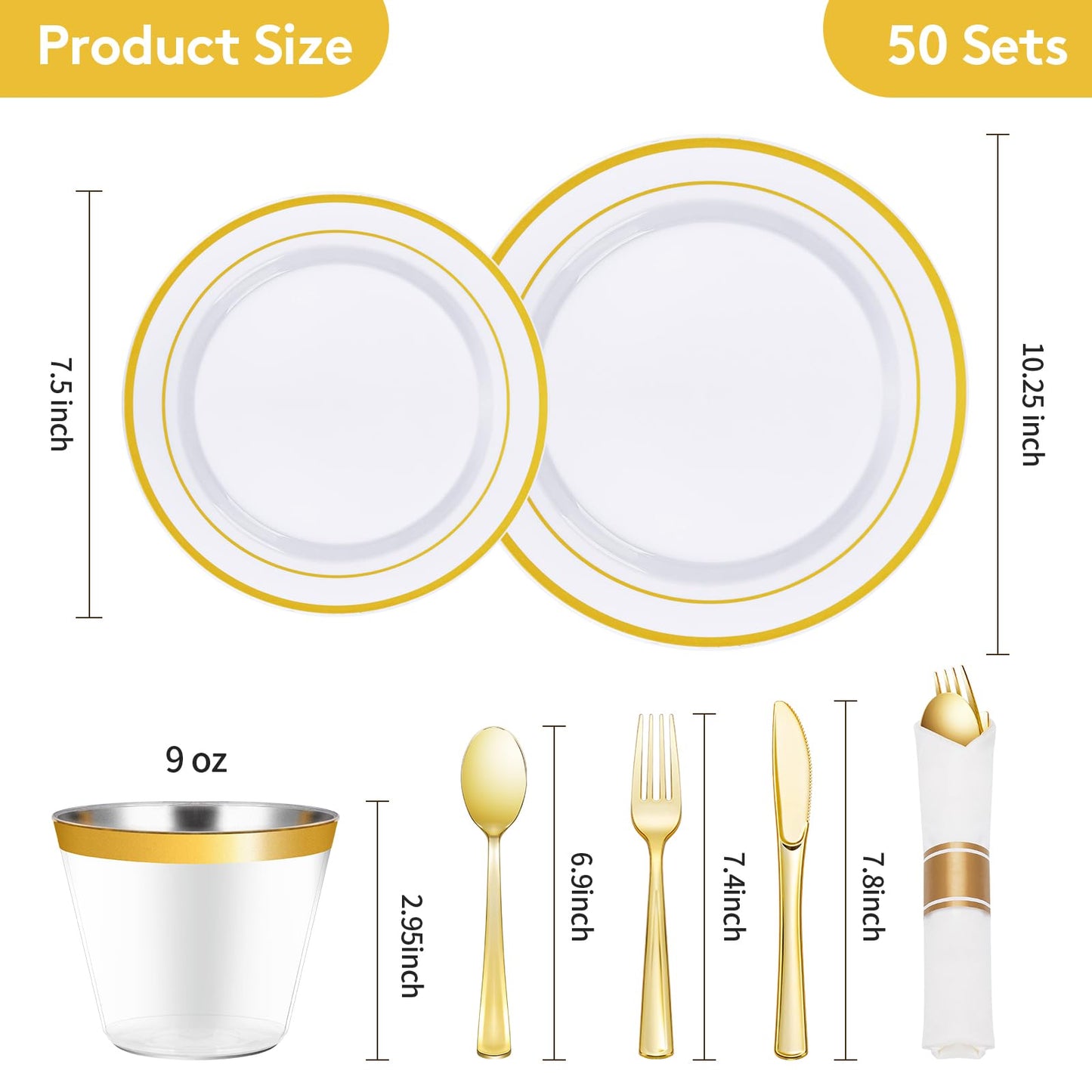 175 Piece Gold Dinnerware Set for 25 Guests, Plastic Plates Disposable for Party, Include: 25 Gold Rim Dinner Plates, 25 Dessert Plates, 25 Paper Napkins, 25 Cups, 25 Gold Silverware Set