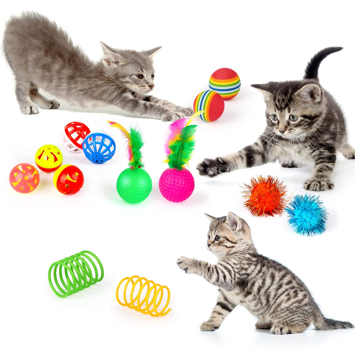 32 PCS Cat Toys Kitten Toys, Variety Catnip Toys with Rainbow Tunnel Interactive Cat Feather Teaser Spring Toy Set for Cat, Kitty