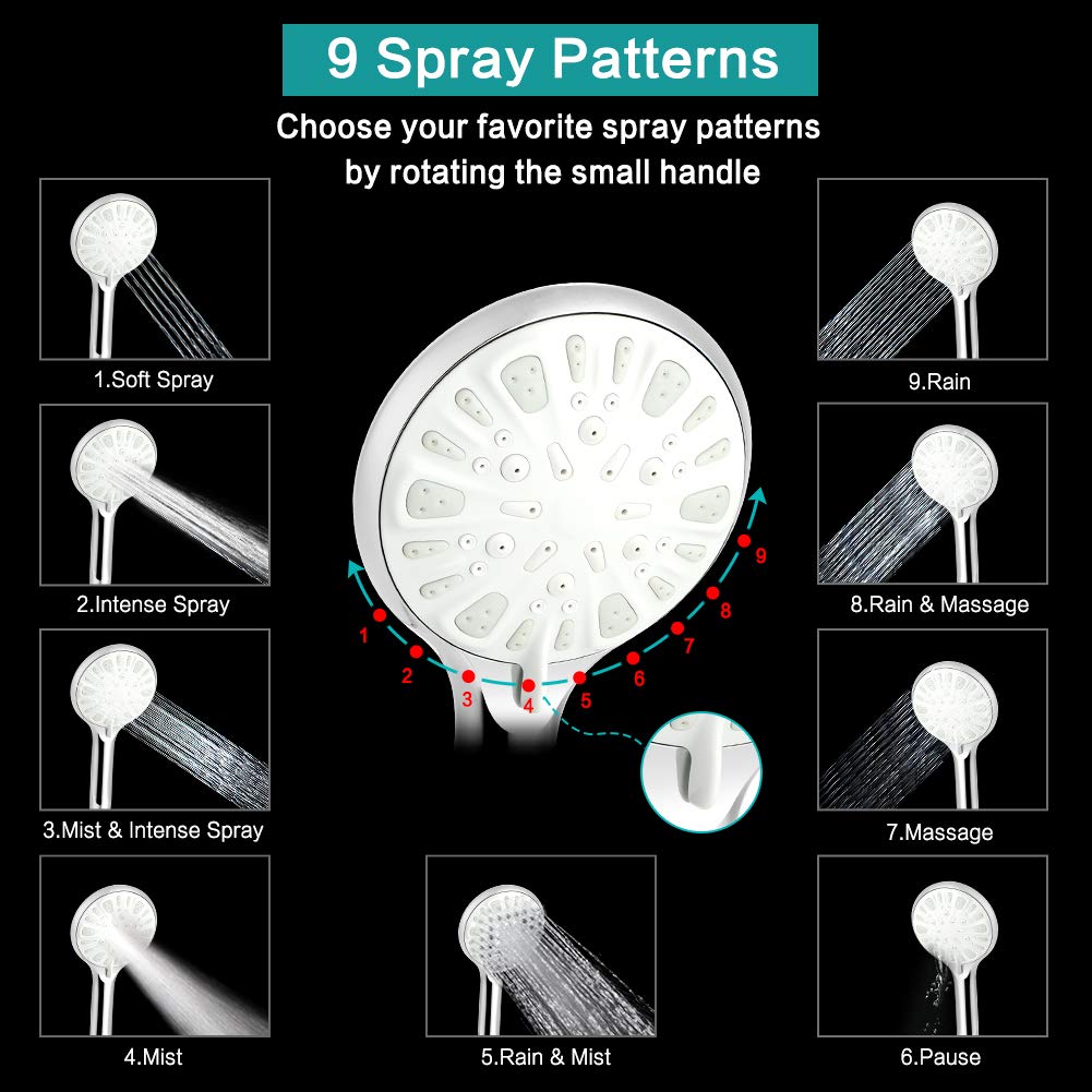 Shower Head, 8'' High Pressure Rainfall/Handheld Shower Combo with 11'' Extension Arm, 9 Settings, Anti-leak Shower Head with Holder, Height/Angle Adjustable, Chrome, Matte Black