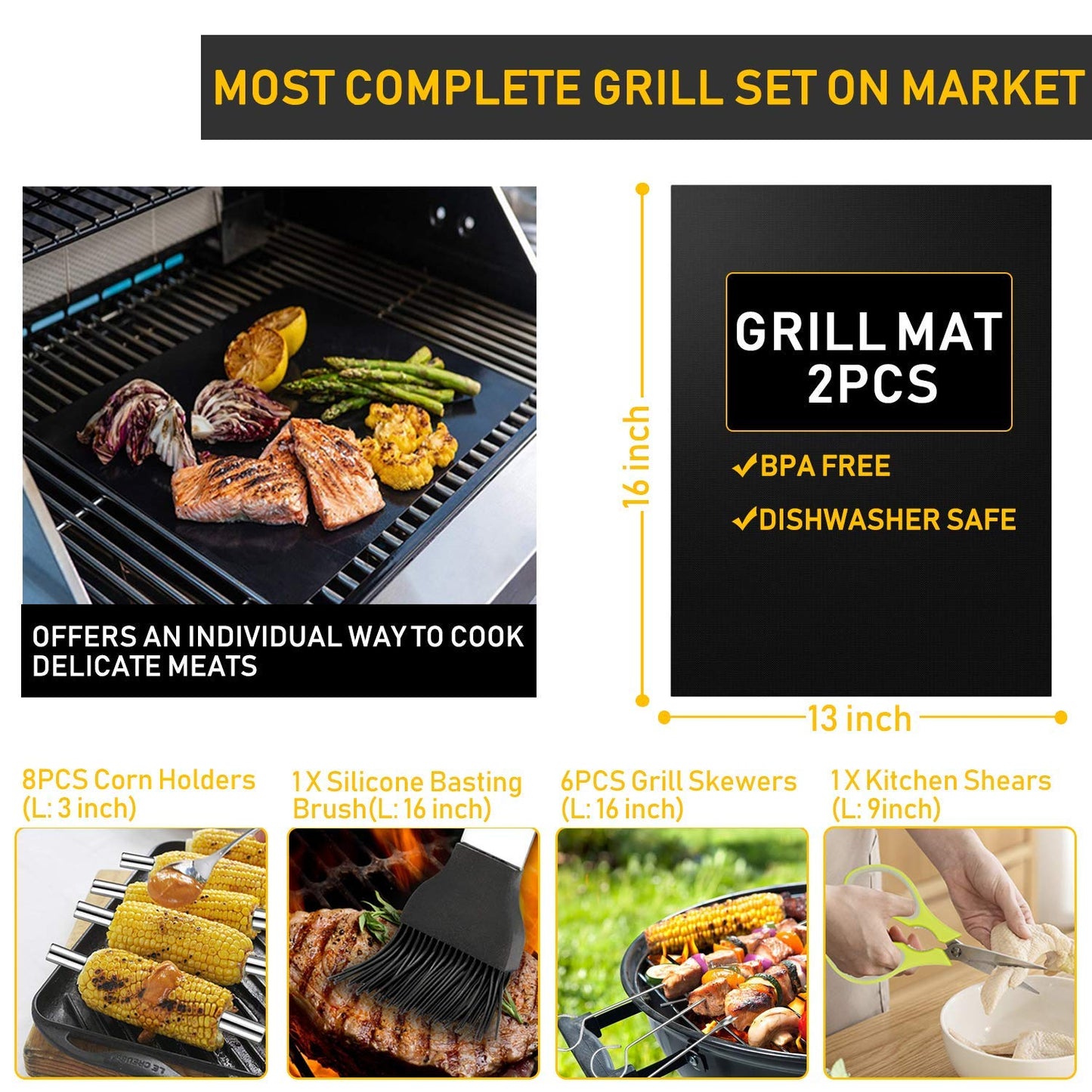 34 Pcs Grill Accessories Grilling Gifts for Men, 16 Inches Heavy Duty BBQ Accessories, Stainless Steel Grill Tools, Grill Mats for Backyard, BBQ Gifts Set