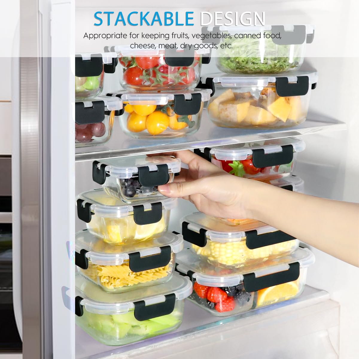 42pcs Glass Food Storage Containers with Snap Locking Lids Set, Glass Meal Prep Containers (21 Containers & 21 Lids Include One 2 Compartments),Leak Proof Lunch Containers BPA-Free,Black