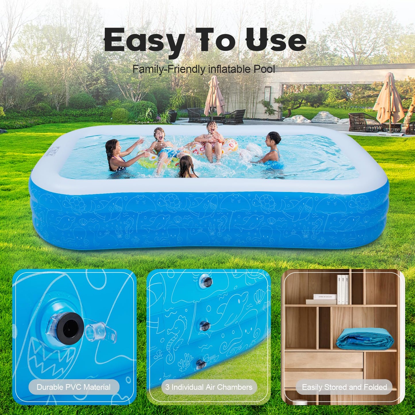 Inflatable Pool, 120" x 72" x 22" Rectangular Family Swimming Pool for Kids Adults, Blow-up Pool for Backyard, Outdoor Summer Fun, Easy Setup Full-Sized Lounge Pool
