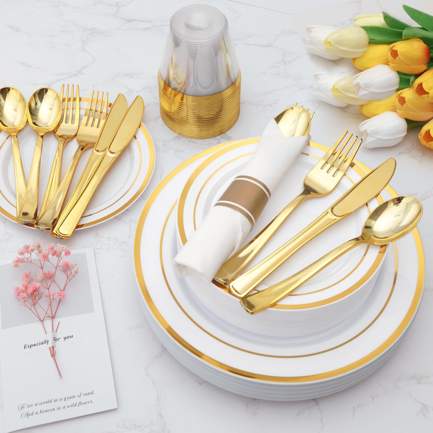 175 Piece Gold Dinnerware Set for 25 Guests, Plastic Plates Disposable for Party, Include: 25 Gold Rim Dinner Plates, 25 Dessert Plates, 25 Paper Napkins, 25 Cups, 25 Gold Silverware Set