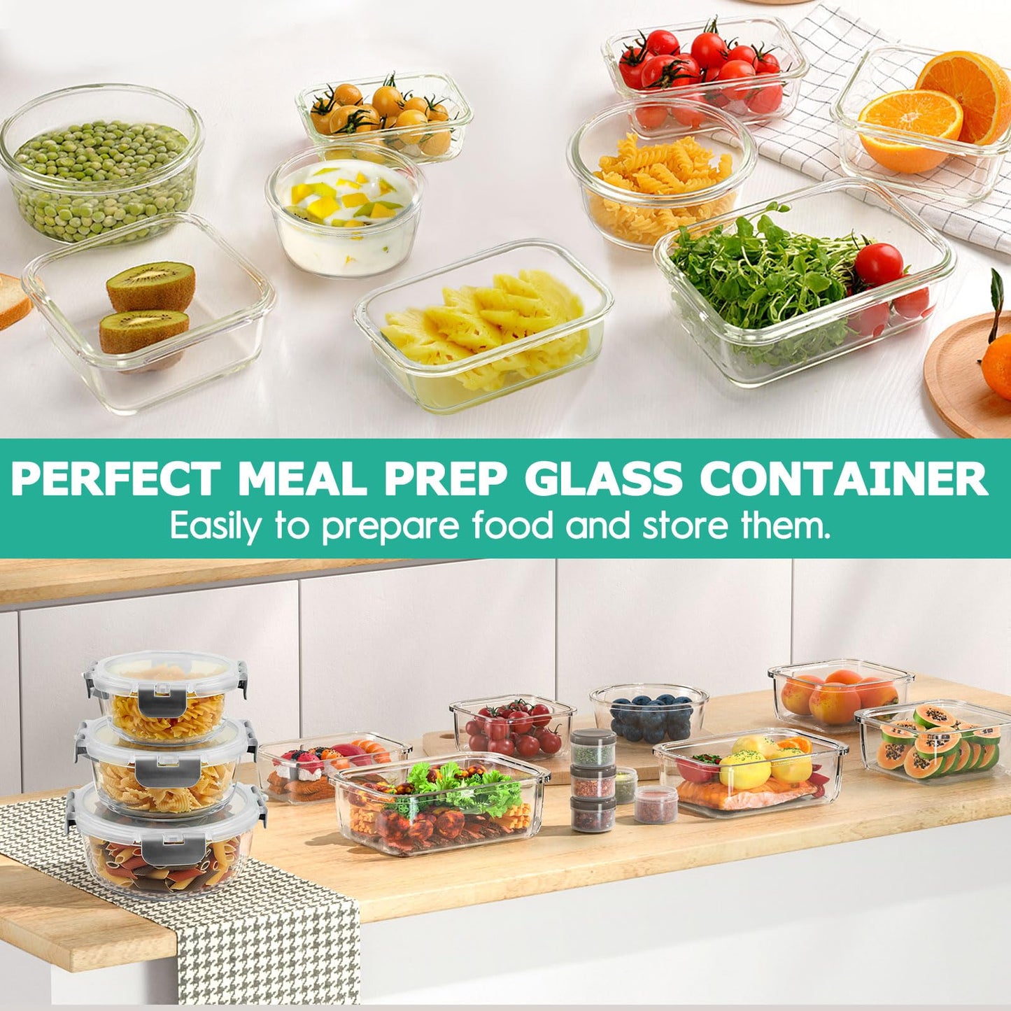 34pcs Glass Food Storage Containers with Lids Set, Airtight Glass Meal Prep Containers (17 Containers & 17 Lids),Leak Proof Lunch Containers BPA-Free, Microwave, Oven, Freezer, Dishwasher,Grey