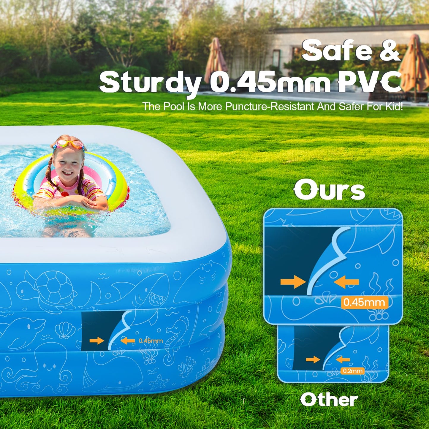 Inflatable Pool, 120" x 72" x 22" Rectangular Family Swimming Pool for Kids Adults, Blow-up Pool for Backyard, Outdoor Summer Fun, Easy Setup Full-Sized Lounge Pool