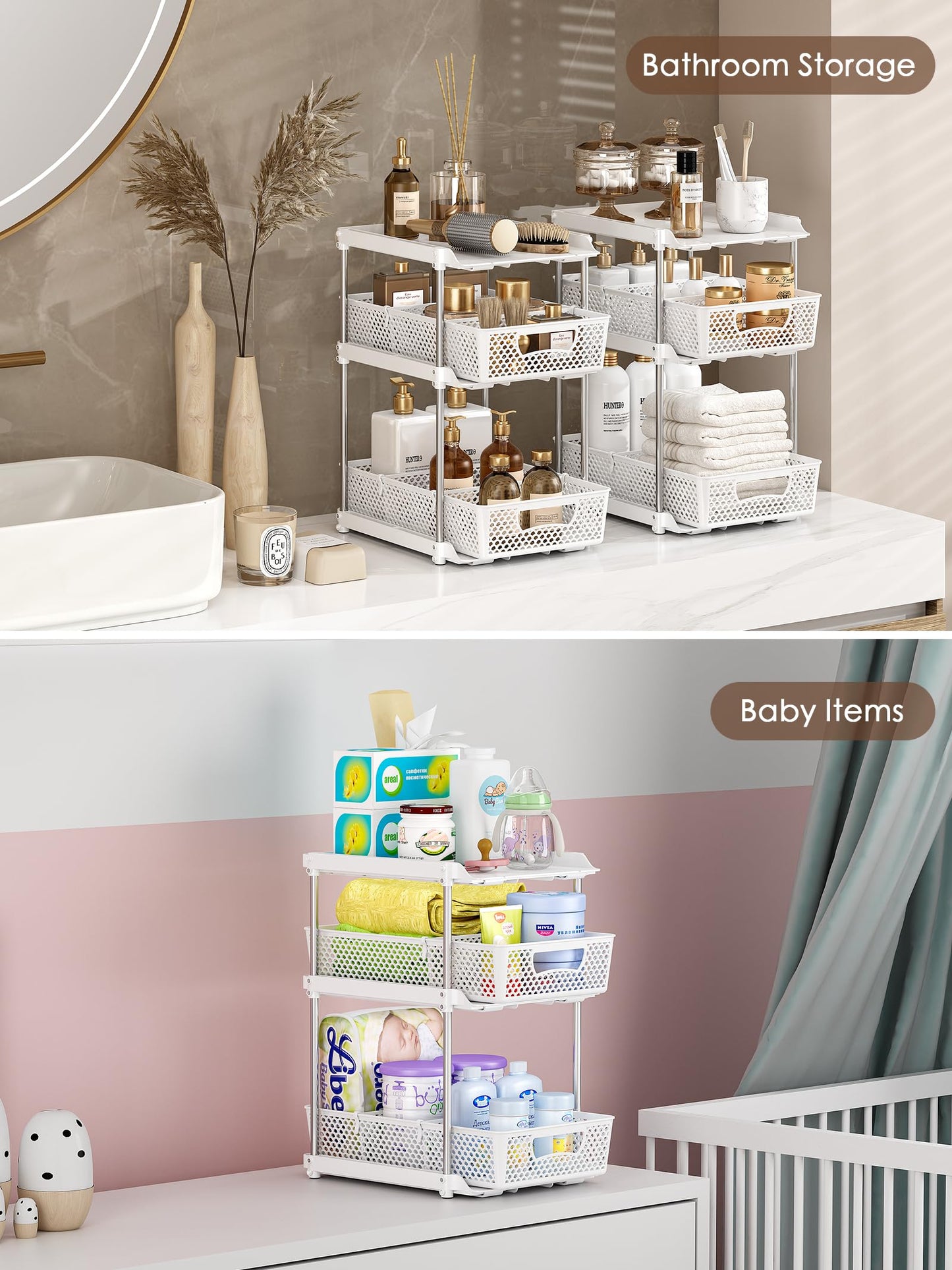 2 Pcs 3 Tier Bathroom Organizers and Storage, Pull Out Under Sink Organizer with Dividers, Kitchen Pantry Organizers and Storage, Bathroom Storage Cabinet - White