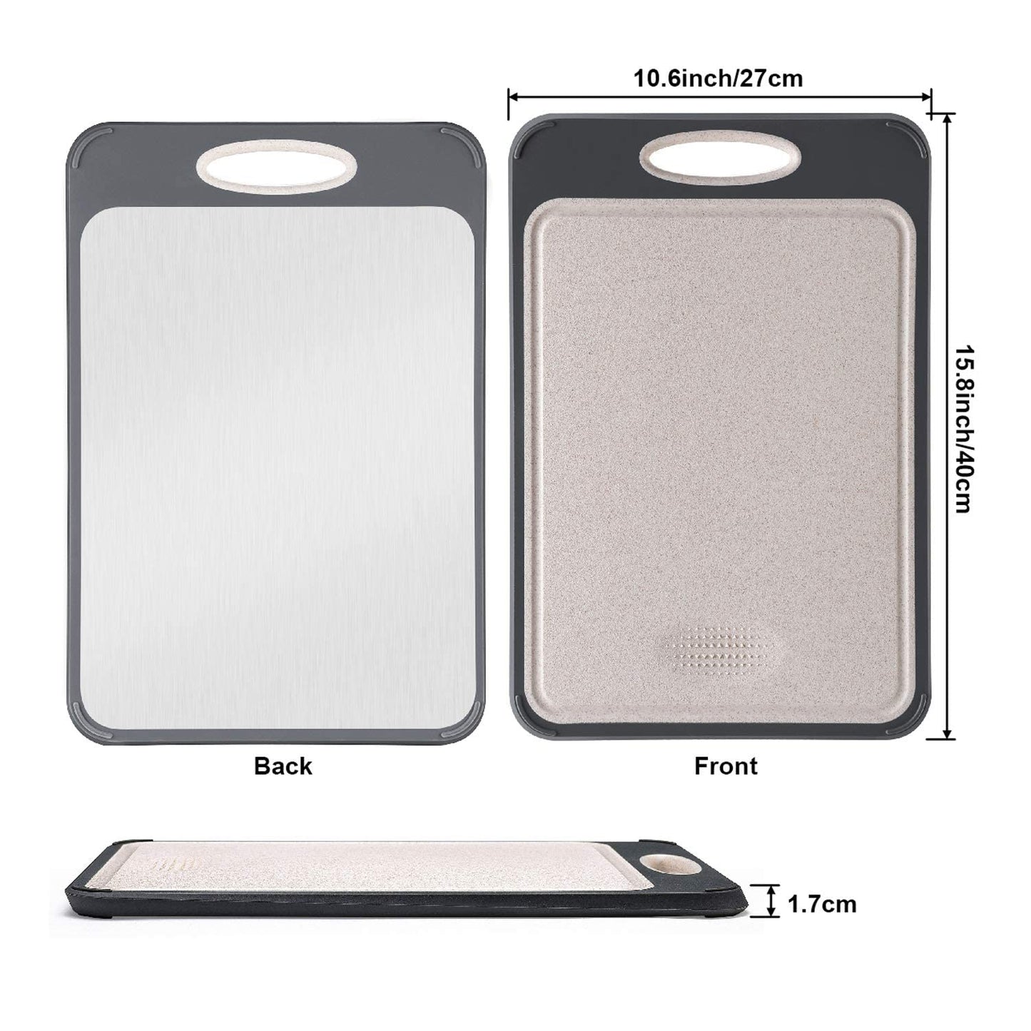 Cutting Board Double Sided, AOKIWO 304 Stainless Steel Cutting Board for Kitchen, Large Size 16'' ×11'' Non Toxic Chopping Board, Food-Grade, Stainless Steel and Wheat Straw PP