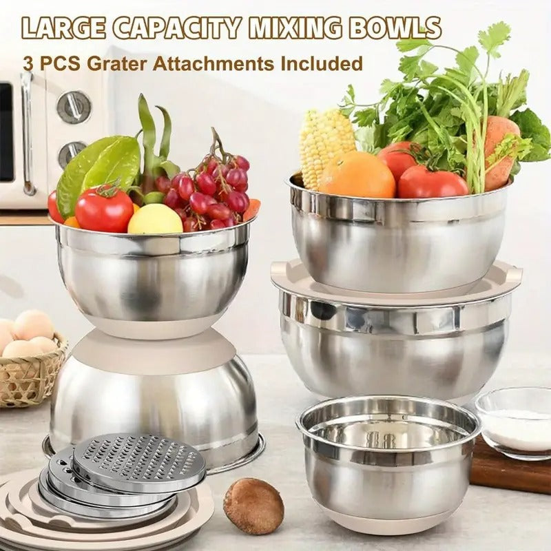 Mixing Bowls with Airtight Lids, AOKIWO 8 PCS Stainless Steel Bowls Set with 3 Grater Attachments, Metal Nesting Bowls with Non-Slip Bottoms, Size 5, 4, 3.5, 2, 1.5 QT for Cooking, Baking, Khaki