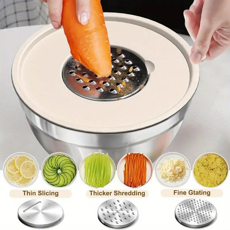 Mixing Bowls with Airtight Lids, AOKIWO 8 PCS Stainless Steel Bowls Set with 3 Grater Attachments, Metal Nesting Bowls with Non-Slip Bottoms, Size 5, 4, 3.5, 2, 1.5 QT for Cooking, Baking, Khaki
