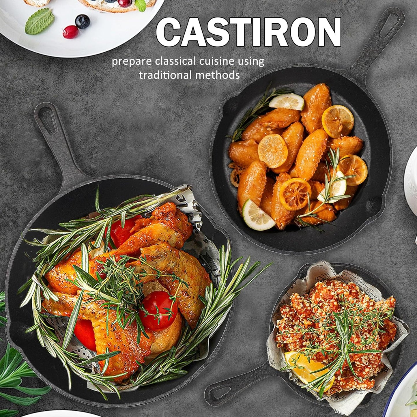 Cast Iron Skillet Set, AOKIWO 3-Piece Pre-Seasoned Pan Cookware Set, 10", 8", 6" Frying Pans with Handles, Heavy-Duty Cookware Set with Non-Stick Surface For Saute, Cooking, Pizza