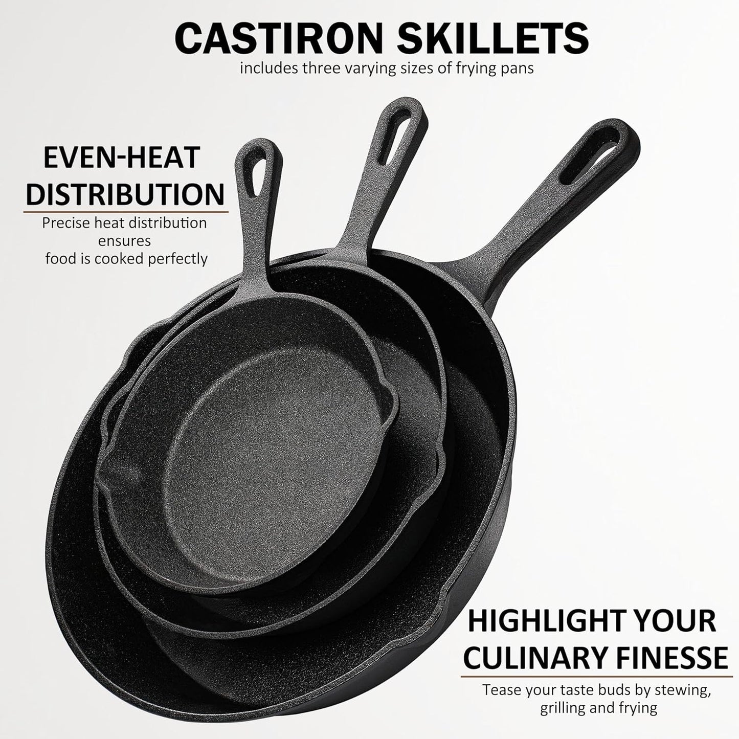Cast Iron Skillet Set, AOKIWO 3-Piece Pre-Seasoned Pan Cookware Set, 10", 8", 6" Frying Pans with Handles, Heavy-Duty Cookware Set with Non-Stick Surface For Saute, Cooking, Pizza